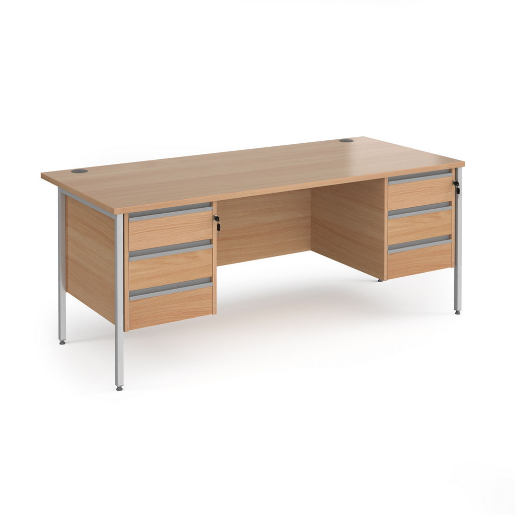 Picture of Contract 25 straight desk with 3 and 3 drawer pedestals and silver H-Frame leg 1800mm x 800mm - beech top