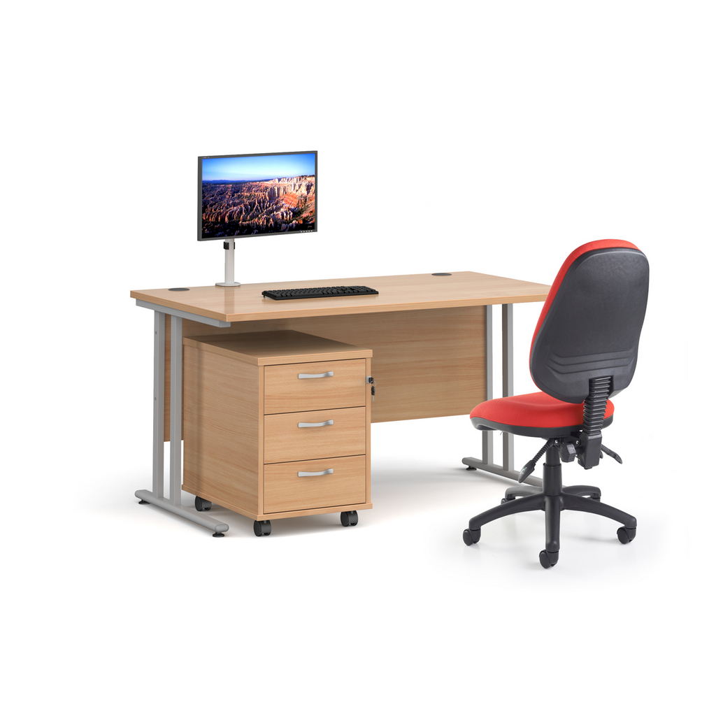 Picture of Maestro 25 straight desk 1600mm x 800mm with white cantilever frame and 3 drawer pedestal - walnut