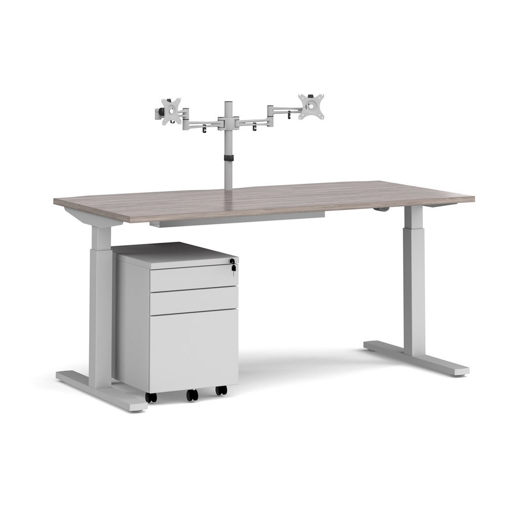 Picture of Elev8 Mono straight sit-stand desk 1600mm - silver frame, grey oak top with matching double monitor arm, steel pedestal and cable tray