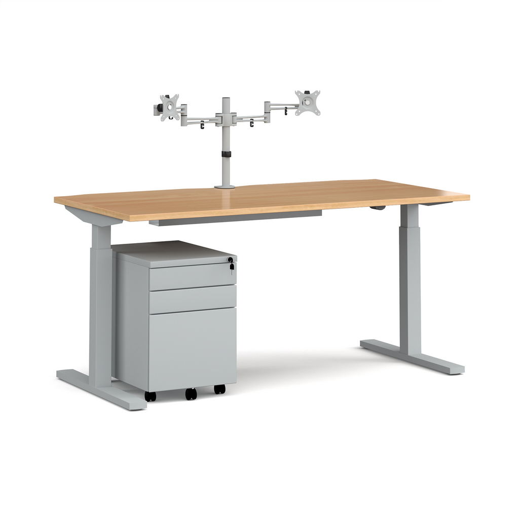 Picture of Elev8 Mono straight sit-stand desk 1600mm - silver frame, oak top with matching double monitor arm, steel pedestal and cable tray