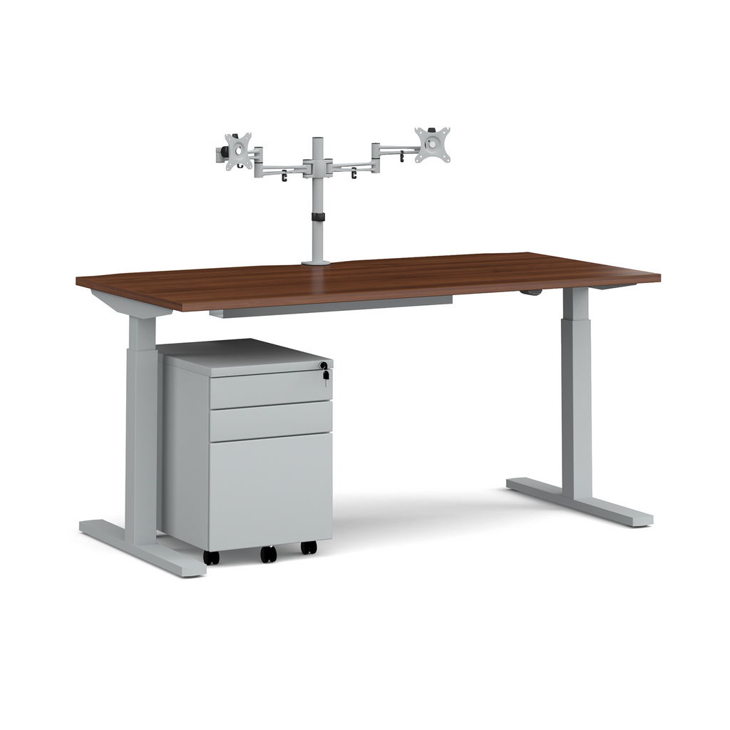 Picture of Elev8 Mono straight sit-stand desk 1600mm - silver frame, walnut top with matching double monitor arm, steel pedestal and cable tray