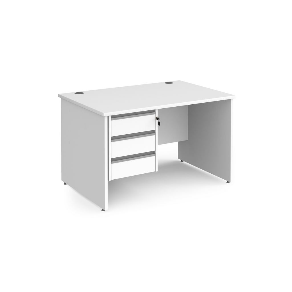 Picture of Contract 25 straight desk with 3 drawer silver pedestal and panel leg 1200mm x 800mm - white