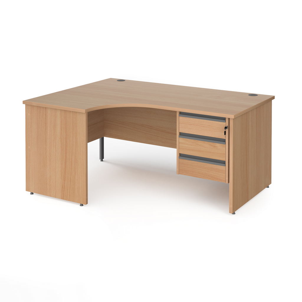 Picture of Contract 25 left hand ergonomic desk with 3 drawer graphite pedestal and panel leg 1600mm - beech