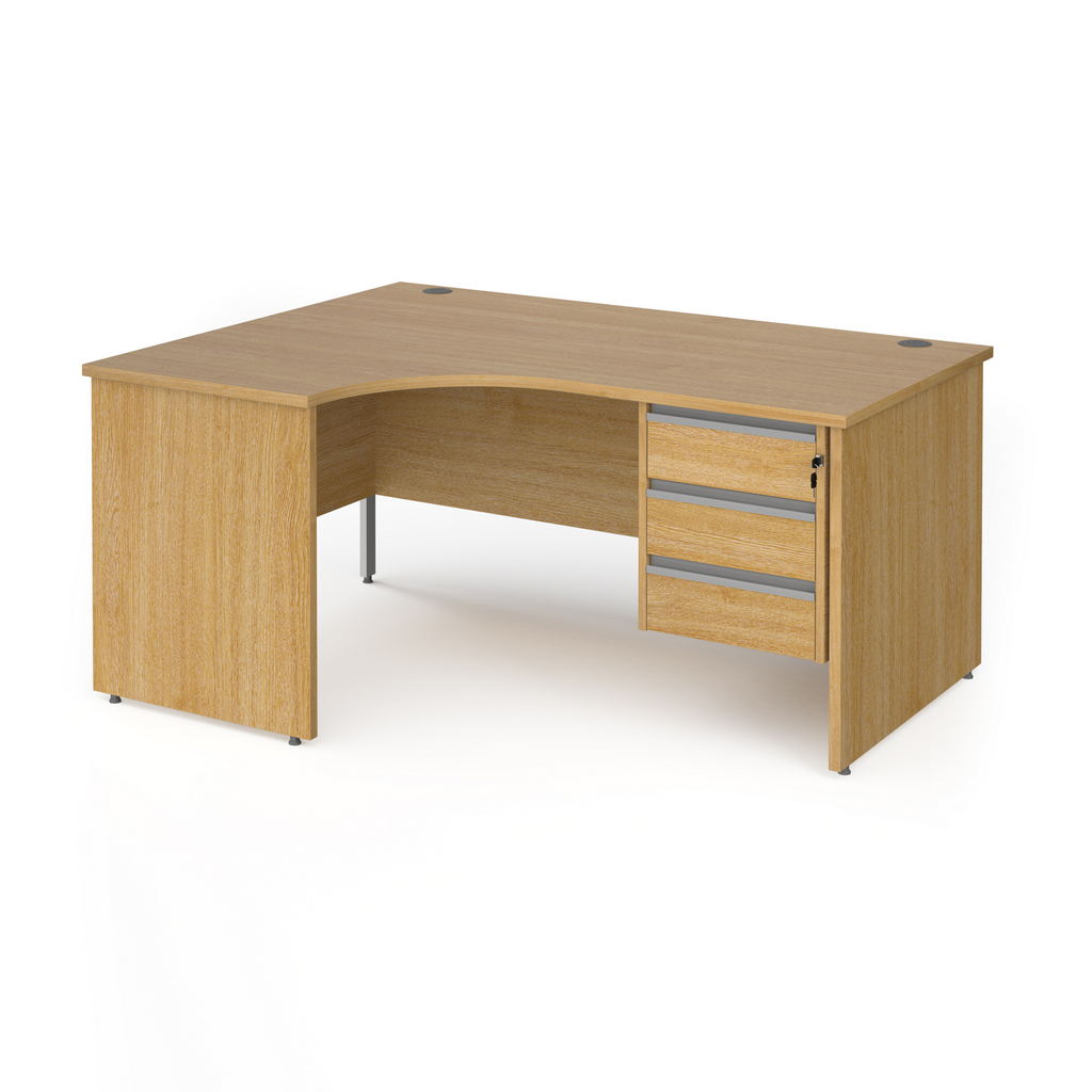 Picture of Contract 25 left hand ergonomic desk with 3 drawer silver pedestal and panel leg 1600mm - oak