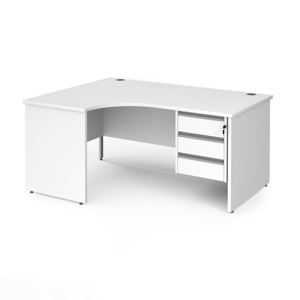 Picture of Contract 25 left hand ergonomic desk with 3 drawer silver pedestal and panel leg 1600mm - white