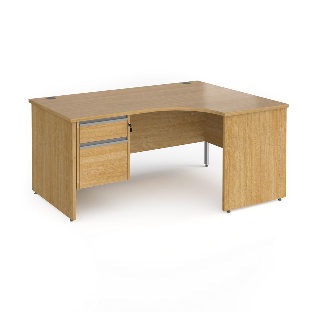 Picture of Contract 25 right hand ergonomic desk with 2 drawer silver pedestal and panel leg 1600mm - oak