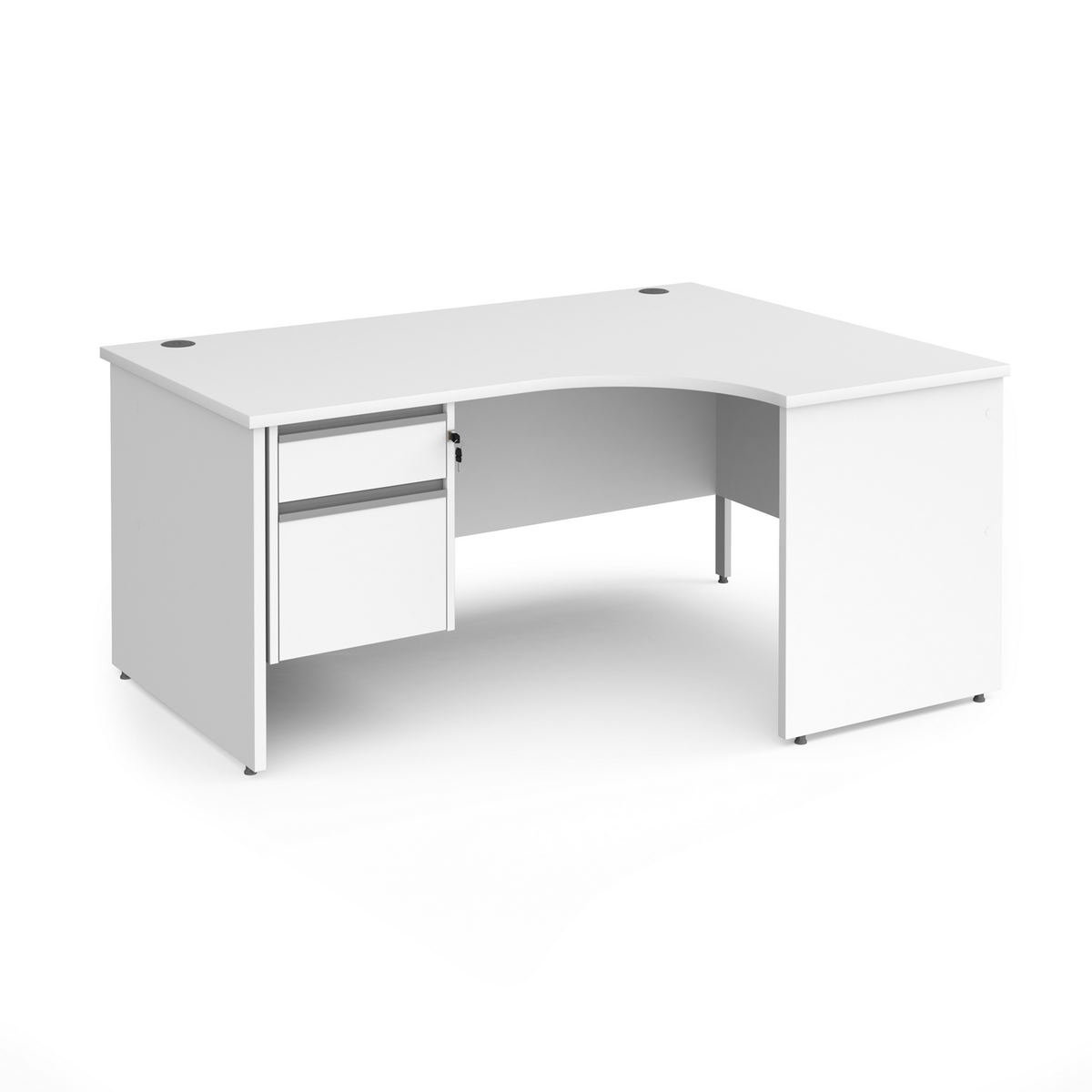 Picture of Contract 25 right hand ergonomic desk with 2 drawer silver pedestal and panel leg 1600mm - white