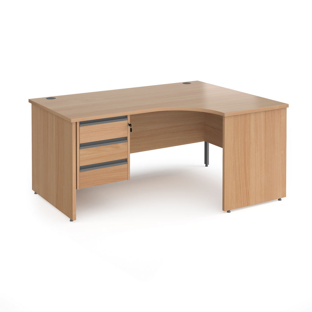 Picture of Contract 25 right hand ergonomic desk with 3 drawer graphite pedestal and panel leg 1600mm - beech