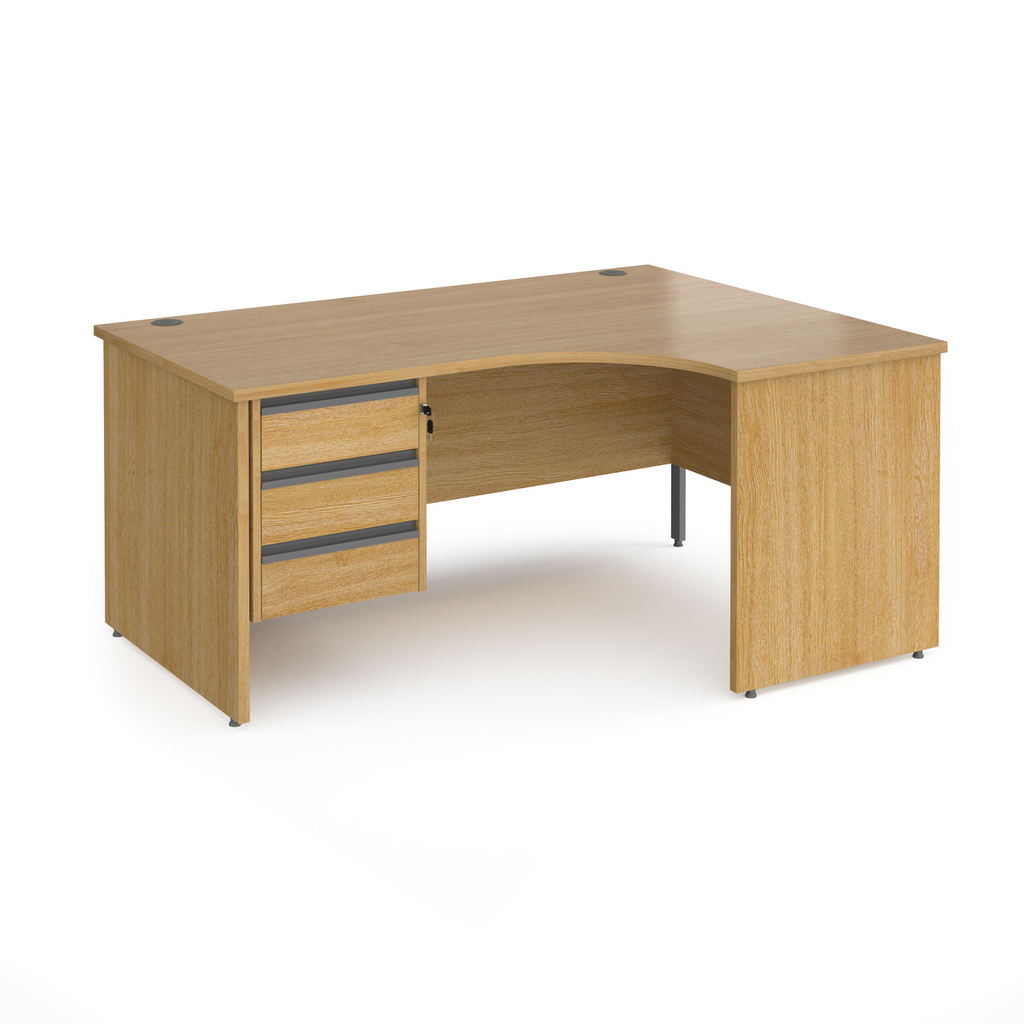 Picture of Contract 25 right hand ergonomic desk with 3 drawer graphite pedestal and panel leg 1600mm - oak