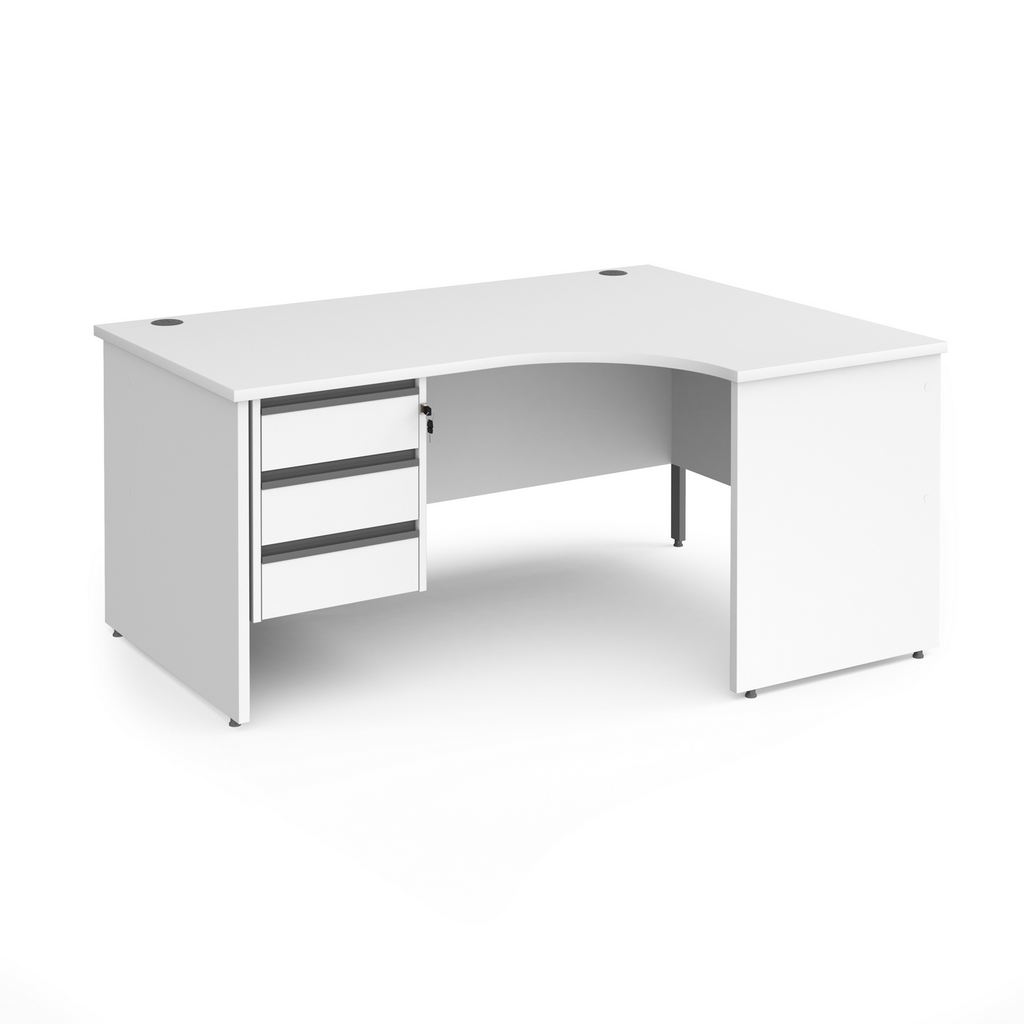 Picture of Contract 25 right hand ergonomic desk with 3 drawer graphite pedestal and panel leg 1600mm - white