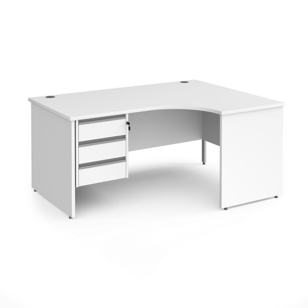 Picture of Contract 25 right hand ergonomic desk with 3 drawer silver pedestal and panel leg 1600mm - white