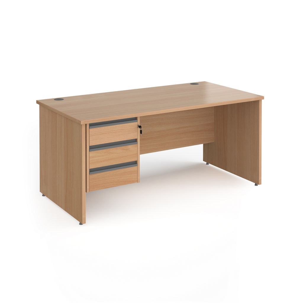 Picture of Contract 25 straight desk with 3 drawer graphite pedestal and panel leg 1600mm x 800mm - beech