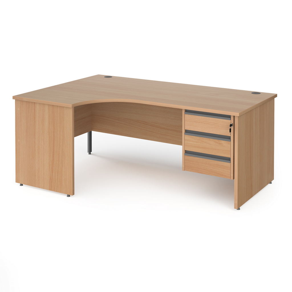 Picture of Contract 25 left hand ergonomic desk with 3 drawer graphite pedestal and panel leg 1800mm - beech