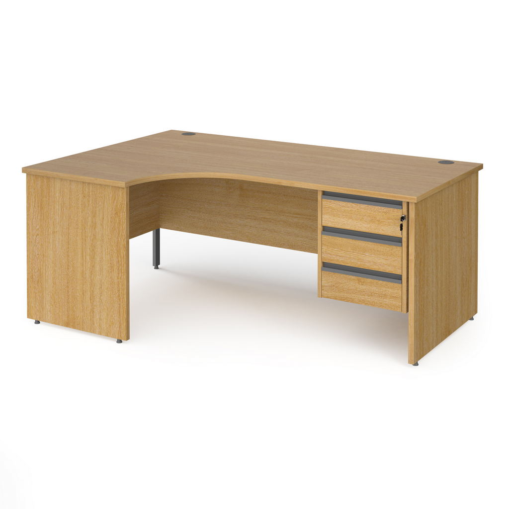 Picture of Contract 25 left hand ergonomic desk with 3 drawer graphite pedestal and panel leg 1800mm - oak