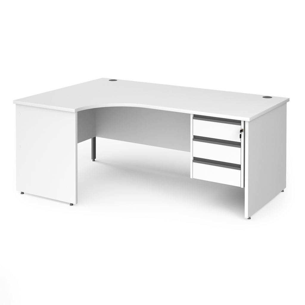 Picture of Contract 25 left hand ergonomic desk with 3 drawer graphite pedestal and panel leg 1800mm - white