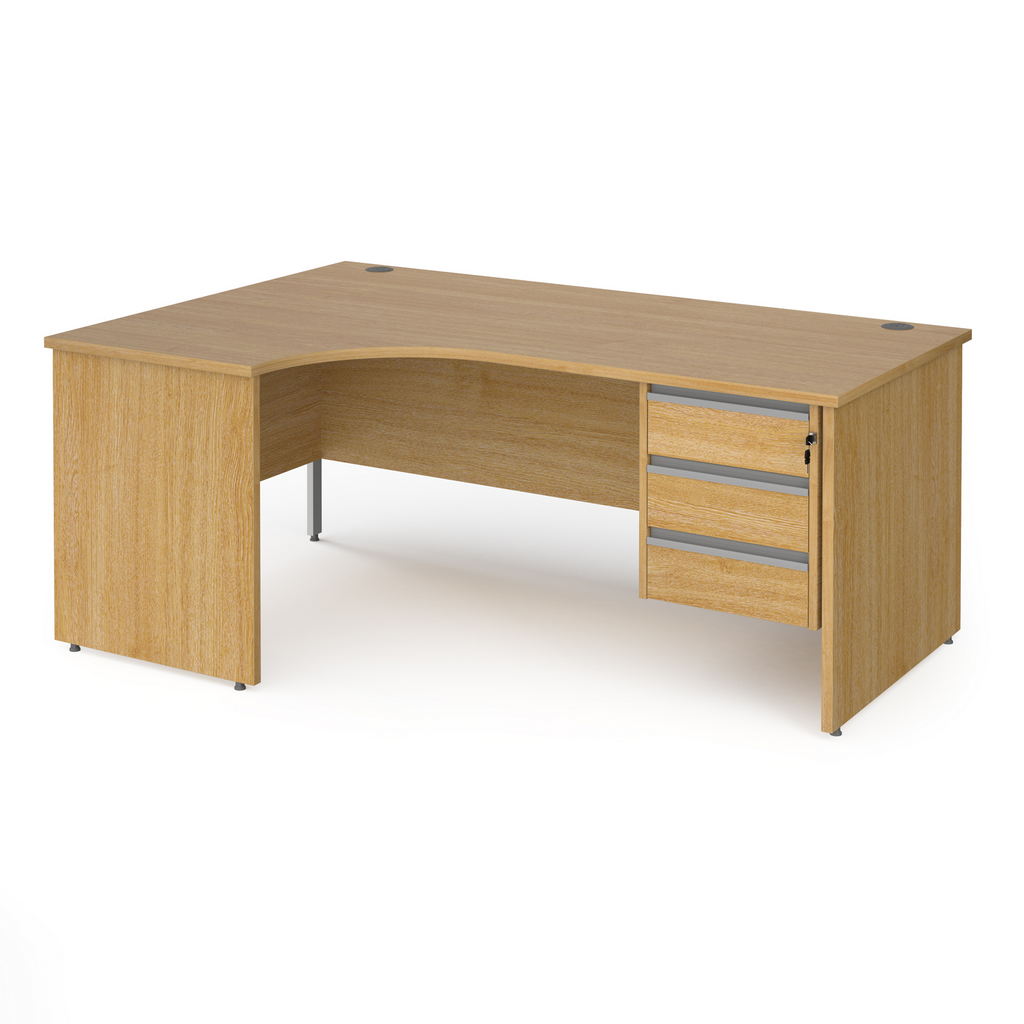 Picture of Contract 25 left hand ergonomic desk with 3 drawer silver pedestal and panel leg 1800mm - oak