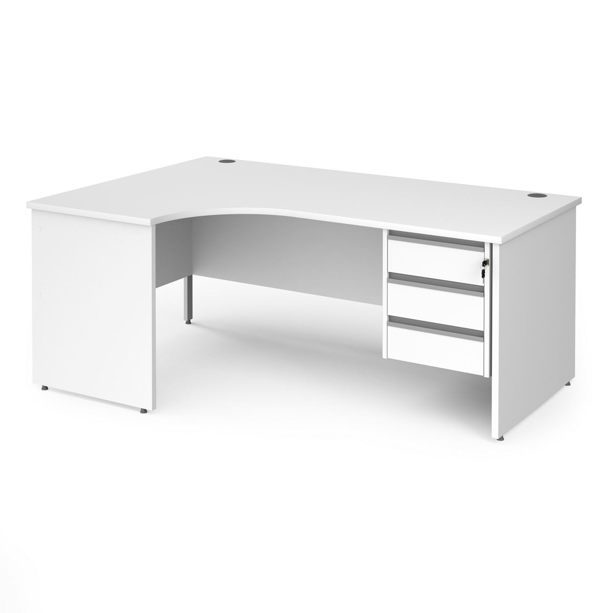 Picture of Contract 25 left hand ergonomic desk with 3 drawer silver pedestal and panel leg 1800mm - white