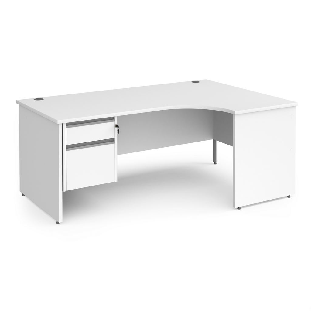 Picture of Contract 25 right hand ergonomic desk with 2 drawer silver pedestal and panel leg 1800mm - white