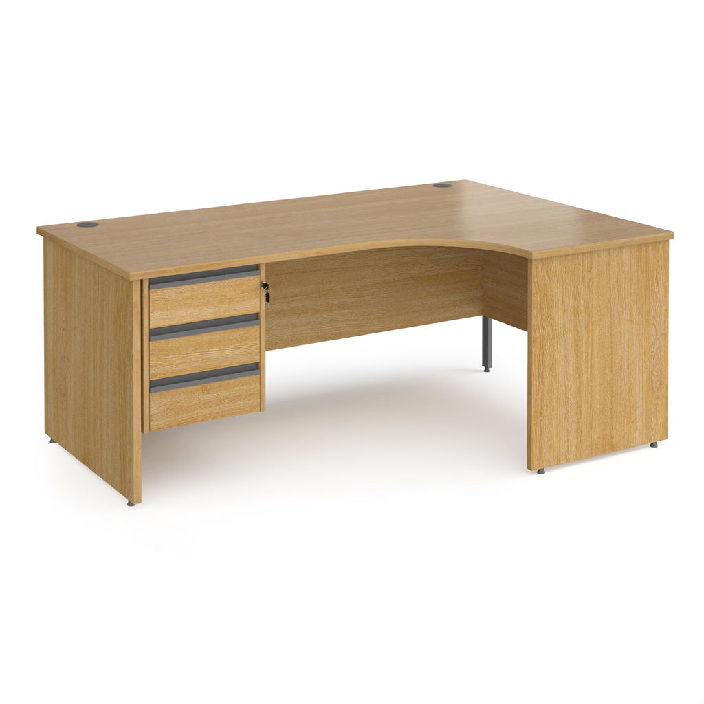 Picture of Contract 25 right hand ergonomic desk with 3 drawer graphite pedestal and panel leg 1800mm - oak