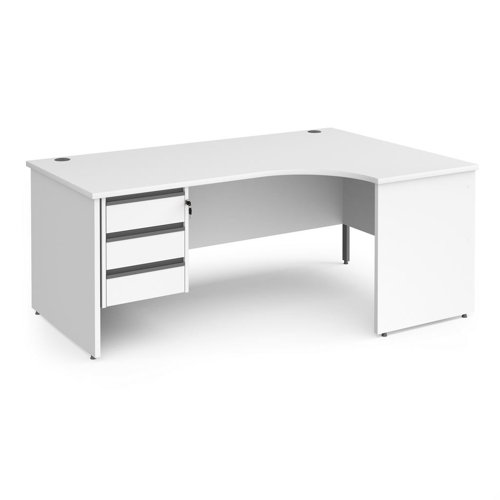 Picture of Contract 25 right hand ergonomic desk with 3 drawer graphite pedestal and panel leg 1800mm - white