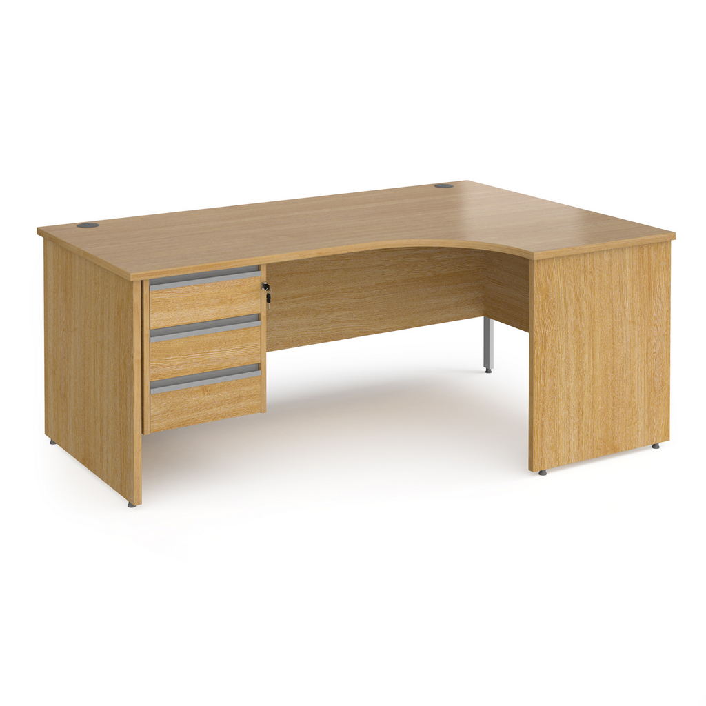 Picture of Contract 25 right hand ergonomic desk with 3 drawer silver pedestal and panel leg 1800mm - oak