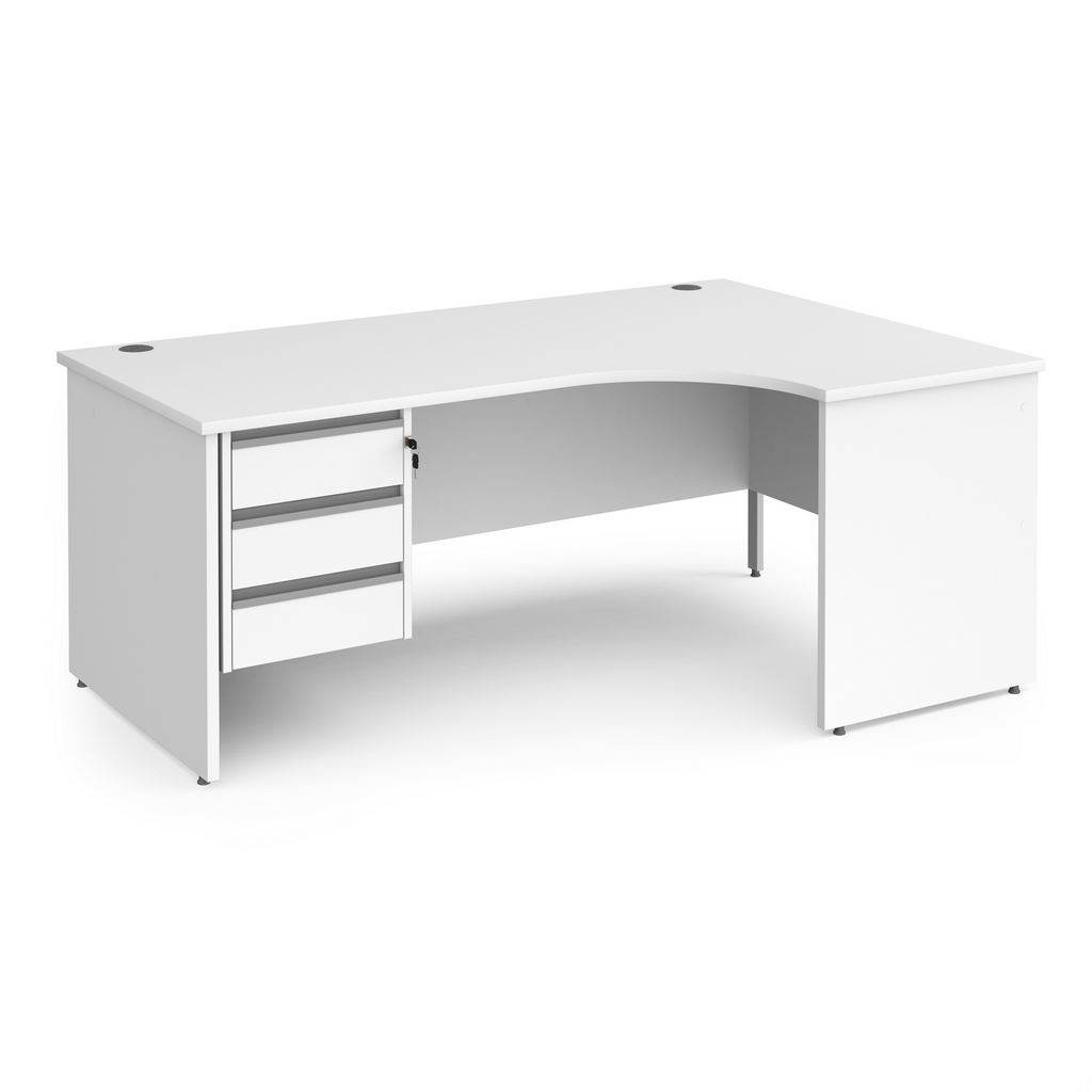 Picture of Contract 25 right hand ergonomic desk with 3 drawer silver pedestal and panel leg 1800mm - white