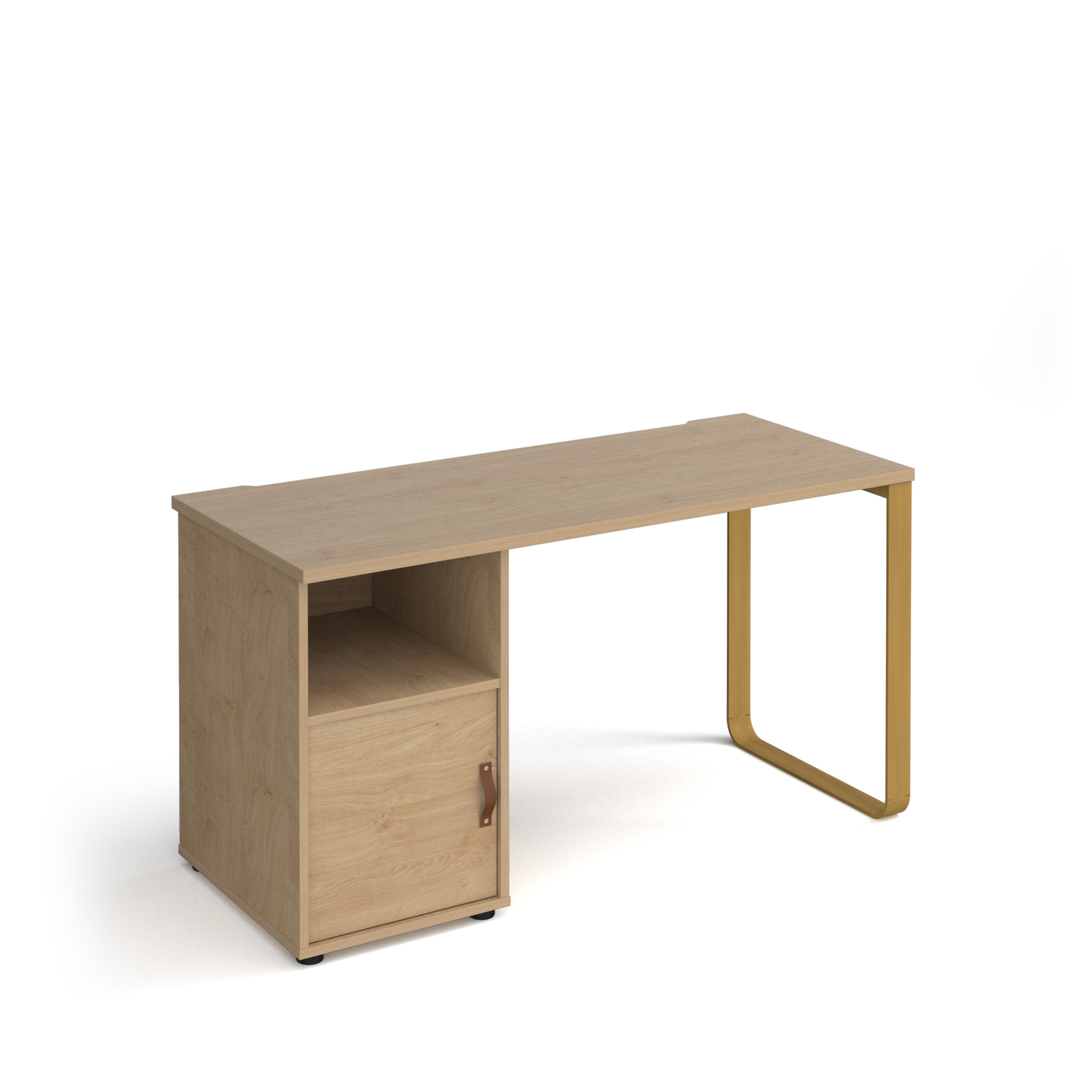 Picture of Cairo straight desk 1400mm x 600mm with sleigh frame leg and support pedestal with cupboard door - brass frame, oak finish with oak door