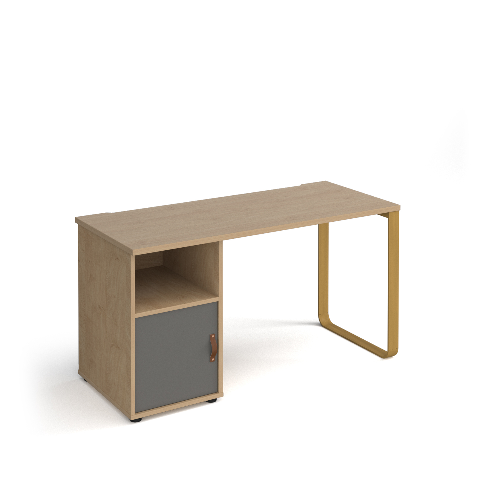 Picture of Cairo straight desk 1400mm x 600mm with sleigh frame leg and support pedestal with cupboard door - brass frame, oak finish with grey door