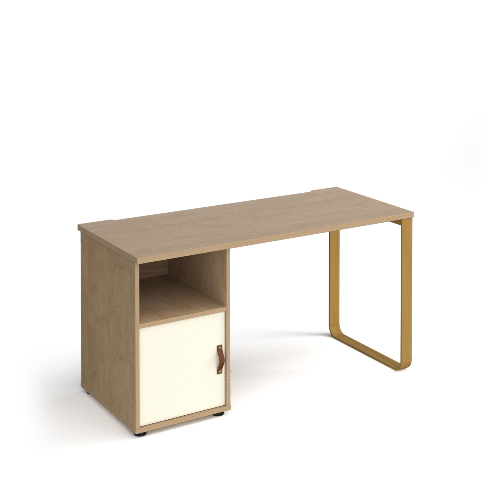 Picture of Cairo straight desk 1400mm x 600mm with sleigh frame leg and support pedestal with cupboard door - brass frame, oak finish with white door
