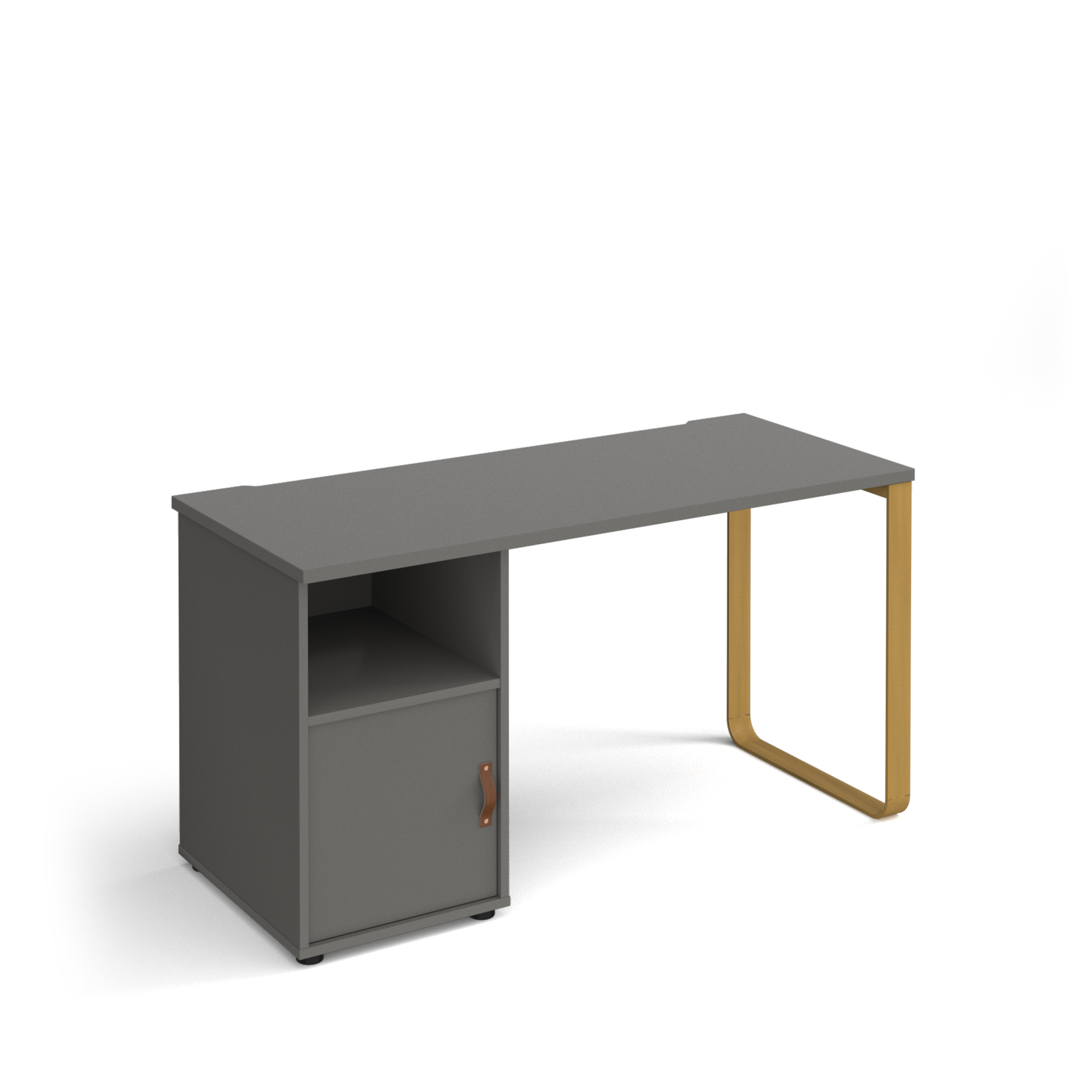 Picture of Cairo straight desk 1400mm x 600mm with sleigh frame leg and support pedestal with cupboard door - brass frame, grey finish with grey door