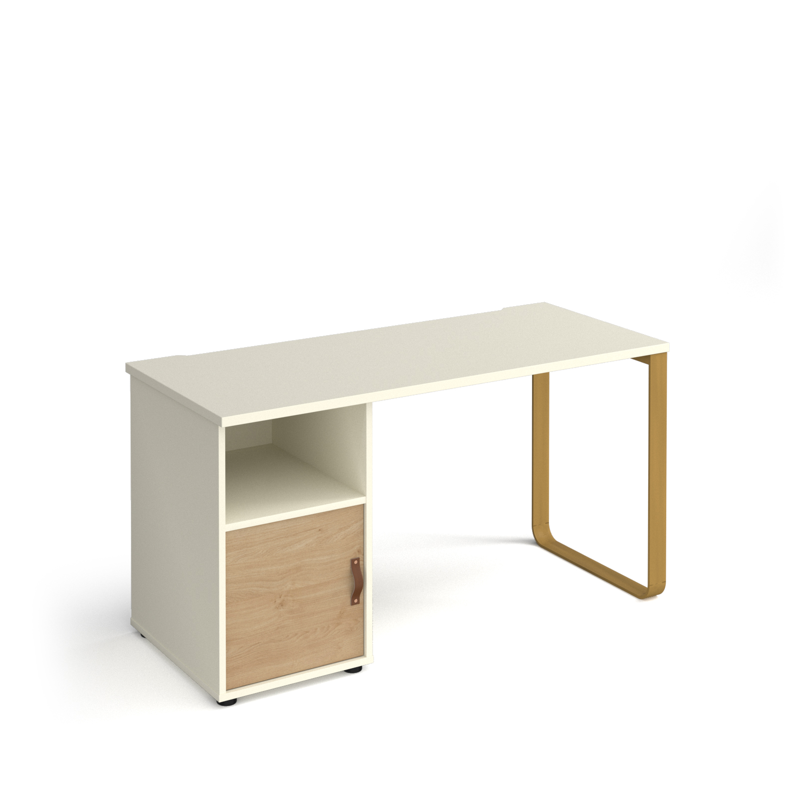 Picture of Cairo straight desk 1400mm x 600mm with sleigh frame leg and support pedestal with cupboard door - brass frame, white finish with oak door