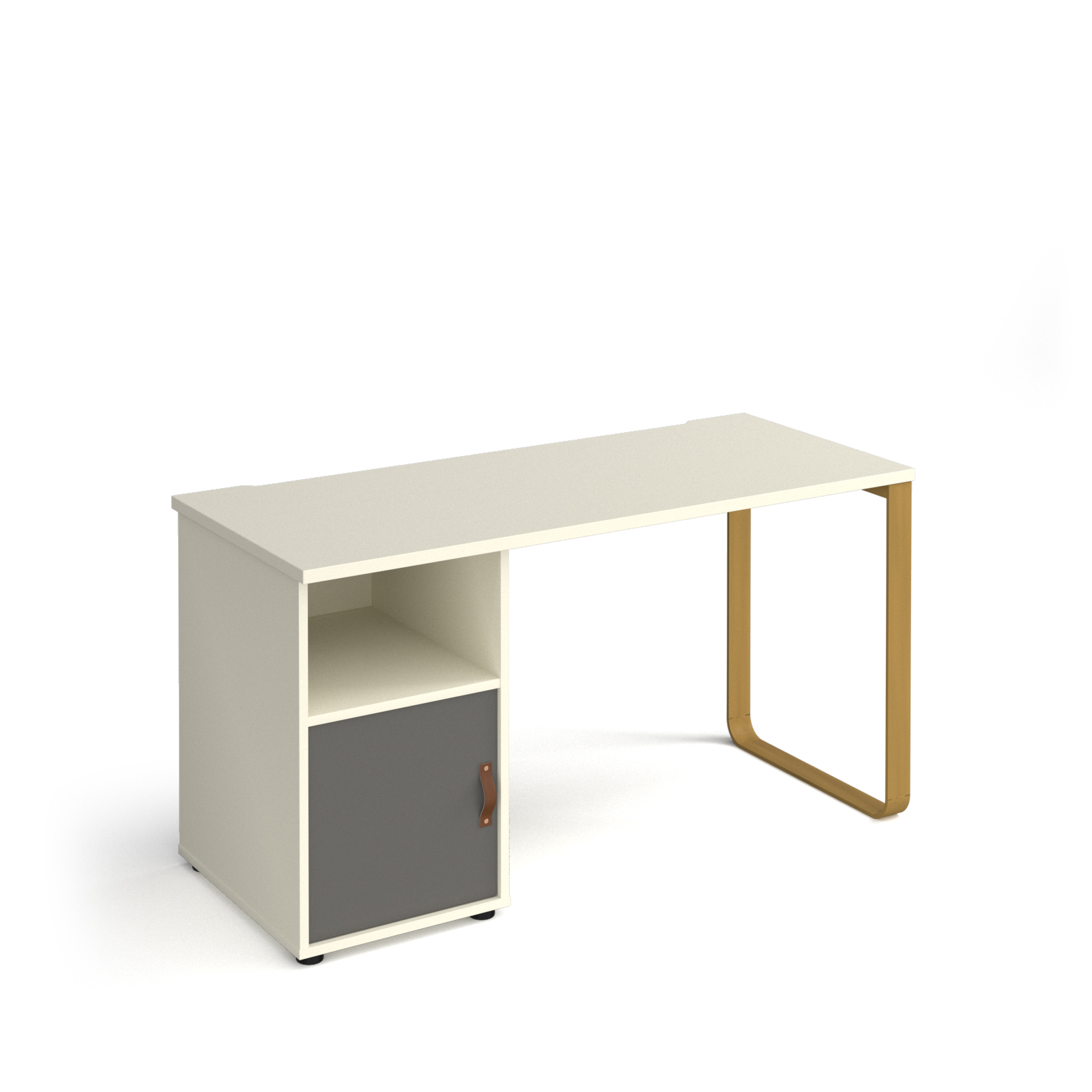 Picture of Cairo straight desk 1400mm x 600mm with sleigh frame leg and support pedestal with cupboard door - brass frame, white finish with grey door