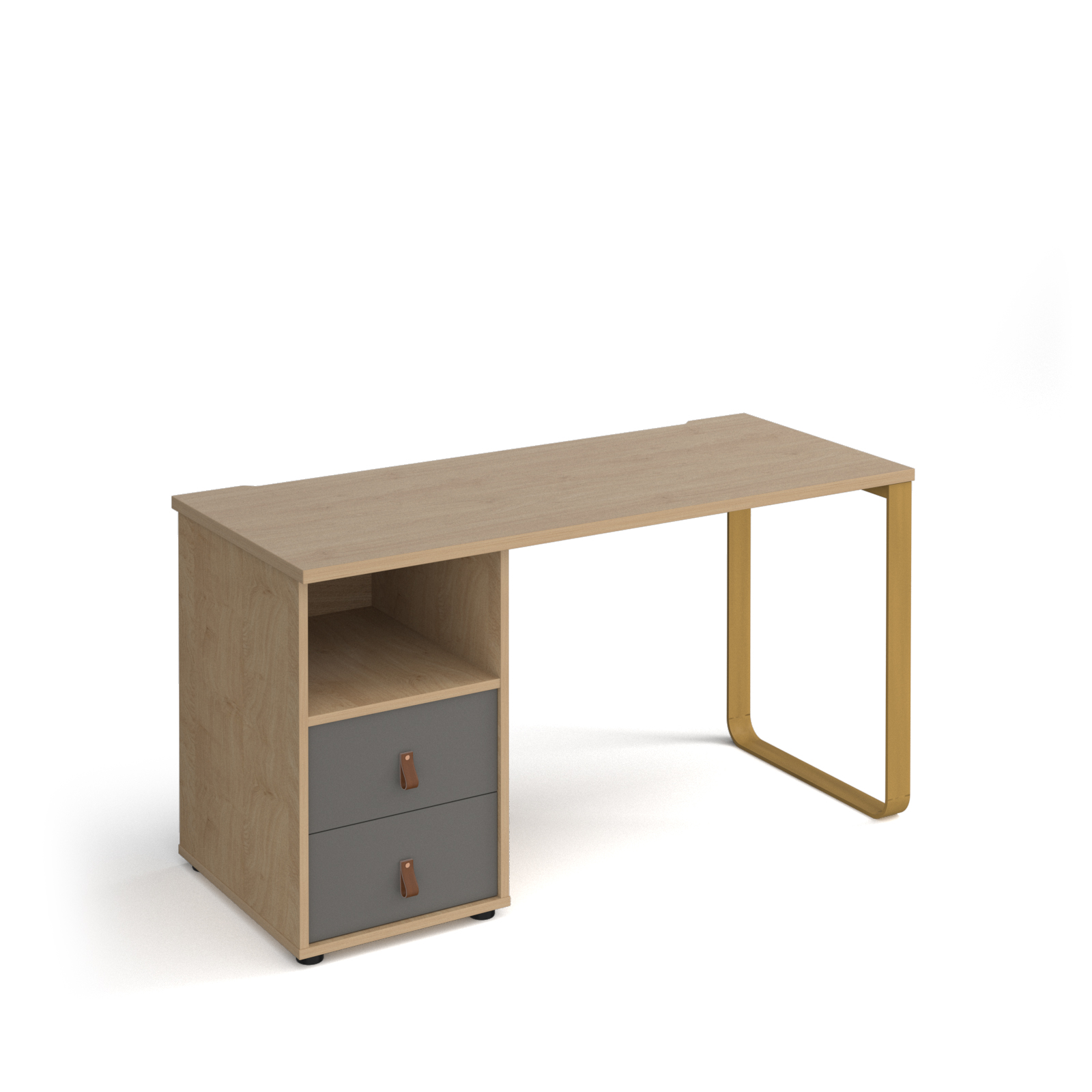 Picture of Cairo straight desk 1400mm x 600mm with sleigh frame leg and support pedestal with drawers - brass frame, oak finish with grey drawers