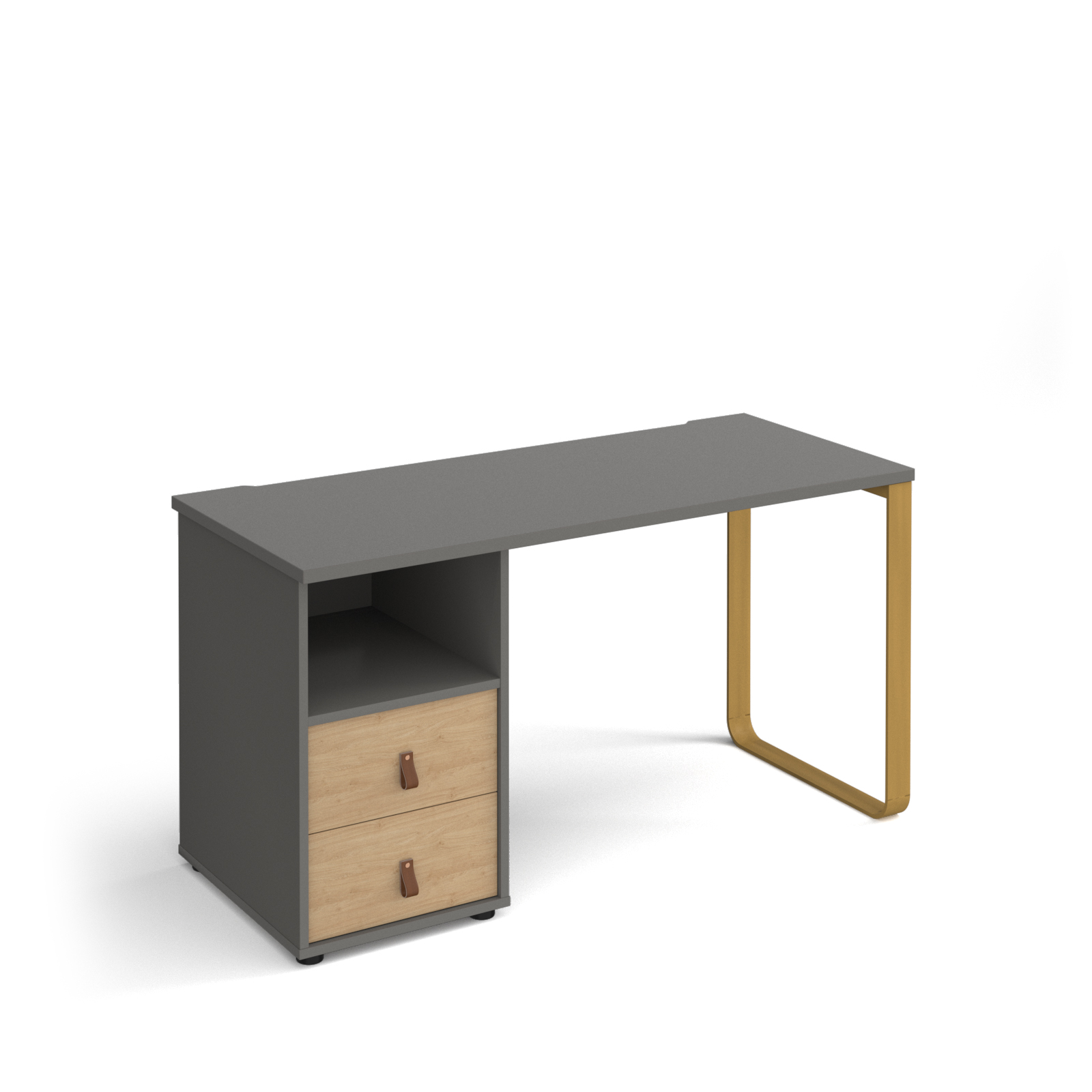 Picture of Cairo straight desk 1400mm x 600mm with sleigh frame leg and support pedestal with drawers - brass frame, grey finish with oak drawers