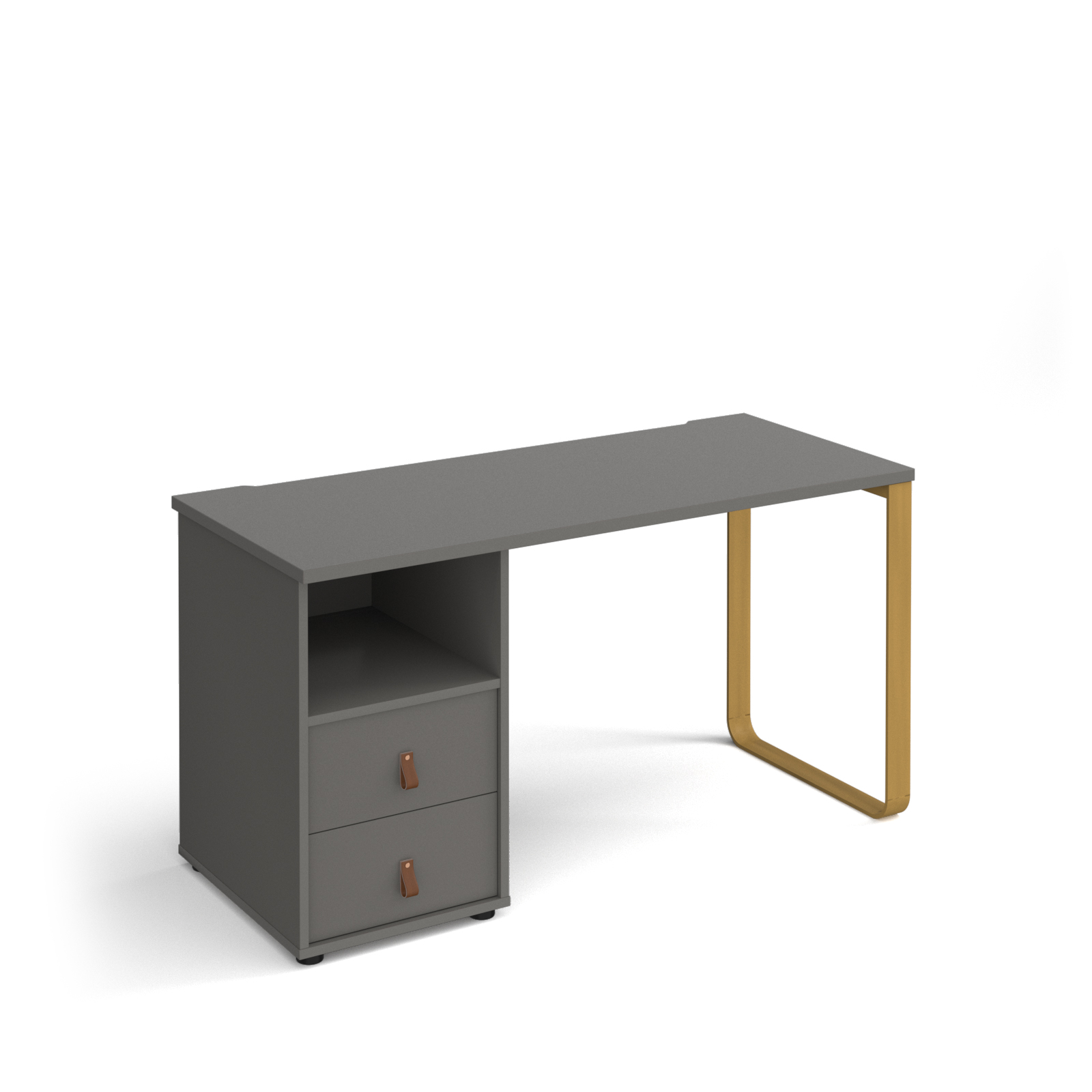 Picture of Cairo straight desk 1400mm x 600mm with sleigh frame leg and support pedestal with drawers - brass frame, grey finish with grey drawers