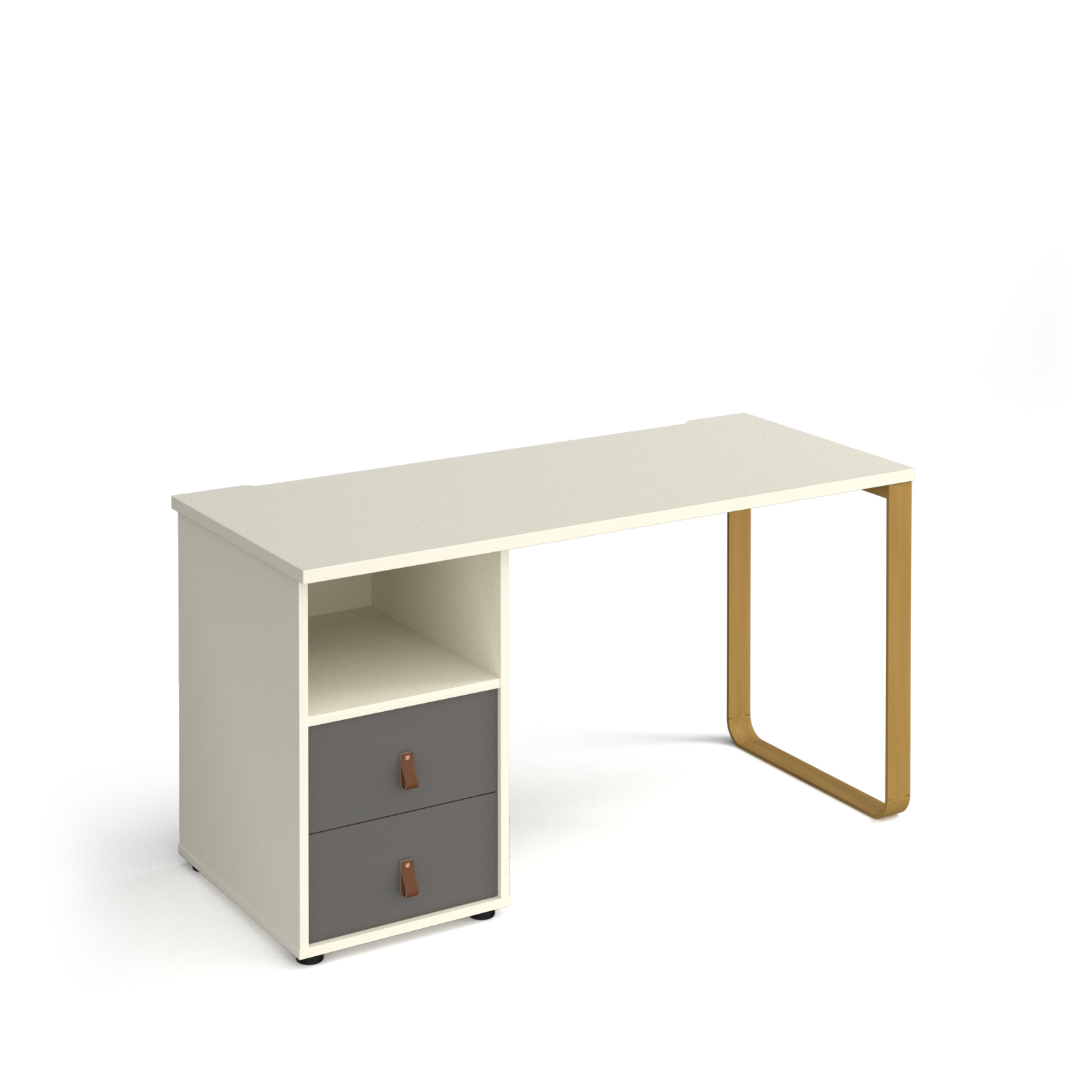 Picture of Cairo straight desk 1400mm x 600mm with sleigh frame leg and support pedestal with drawers - brass frame, white finish with grey drawers