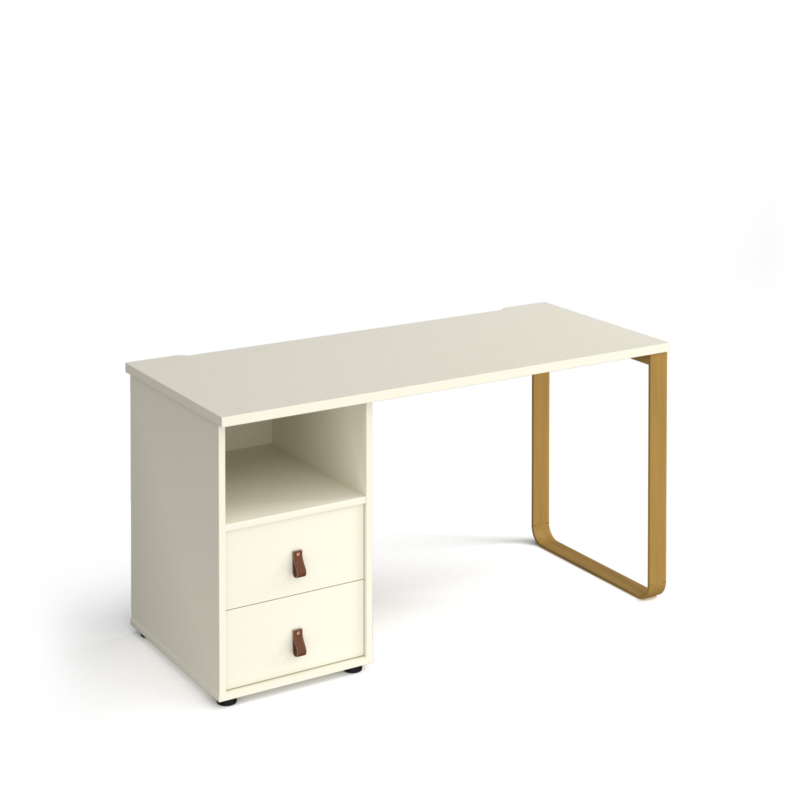 Picture of Cairo straight desk 1400mm x 600mm with sleigh frame leg and support pedestal with drawers - brass frame, white finish with white drawers