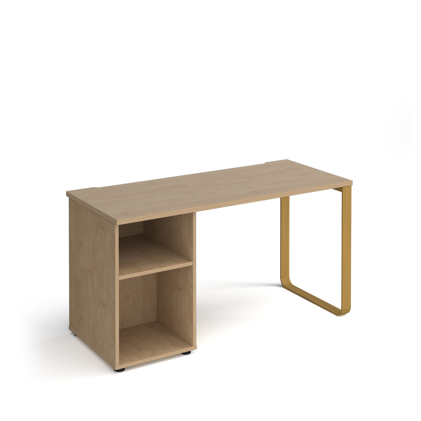 Picture of Cairo straight desk 1400mm x 600mm with sleigh frame leg and support pedestal - brass frame, Oak Top
