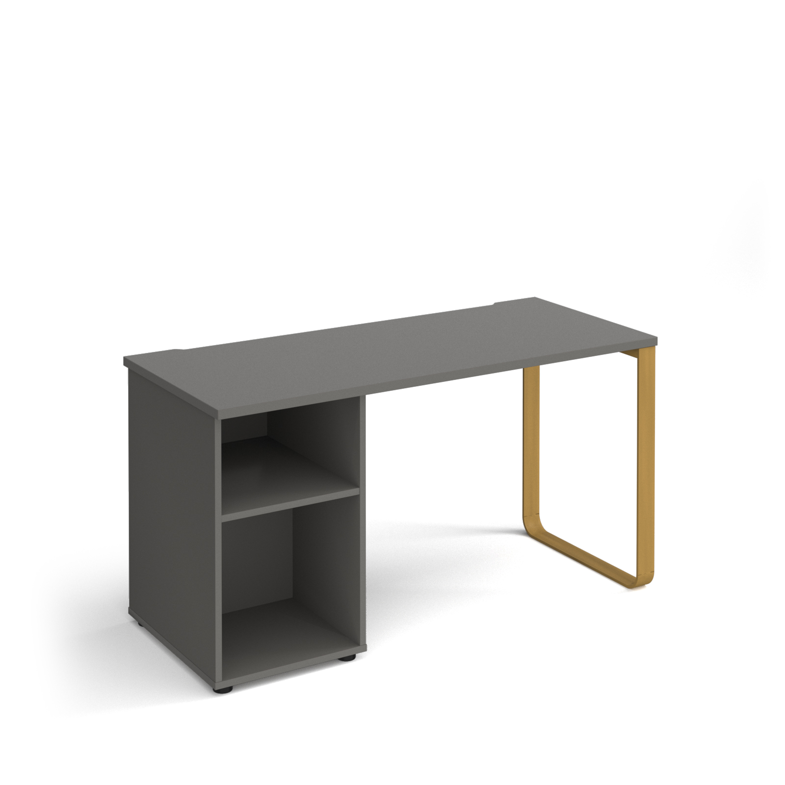 Picture of Cairo straight desk 1400mm x 600mm with sleigh frame leg and support pedestal - brass frame, grey top