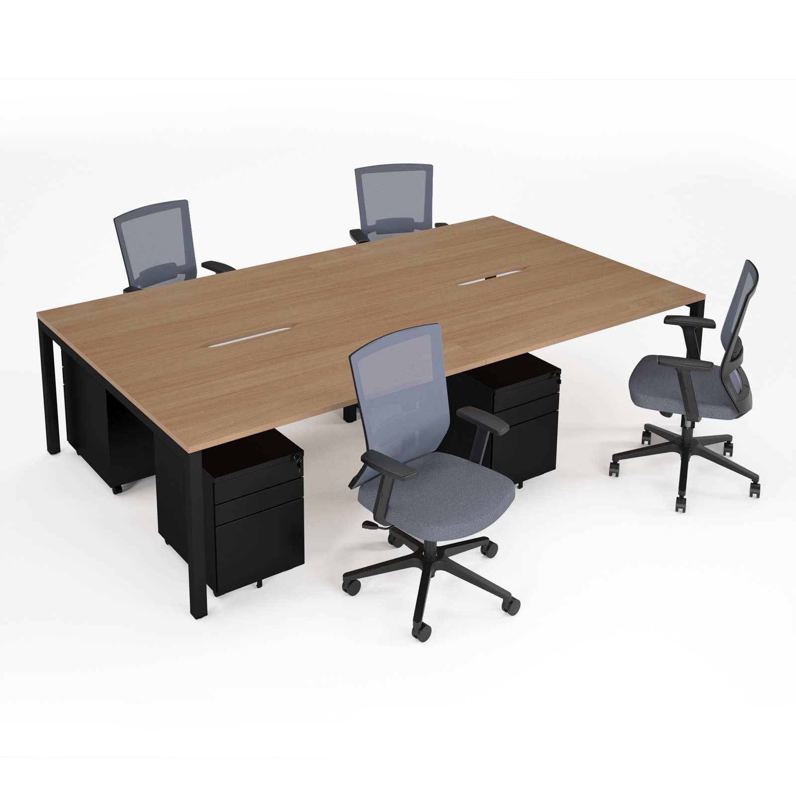 Picture of Connex II starter kit for 4 people, comprising of Beech desk, black frame , black metal pedestal and Travis mesh chairs in black