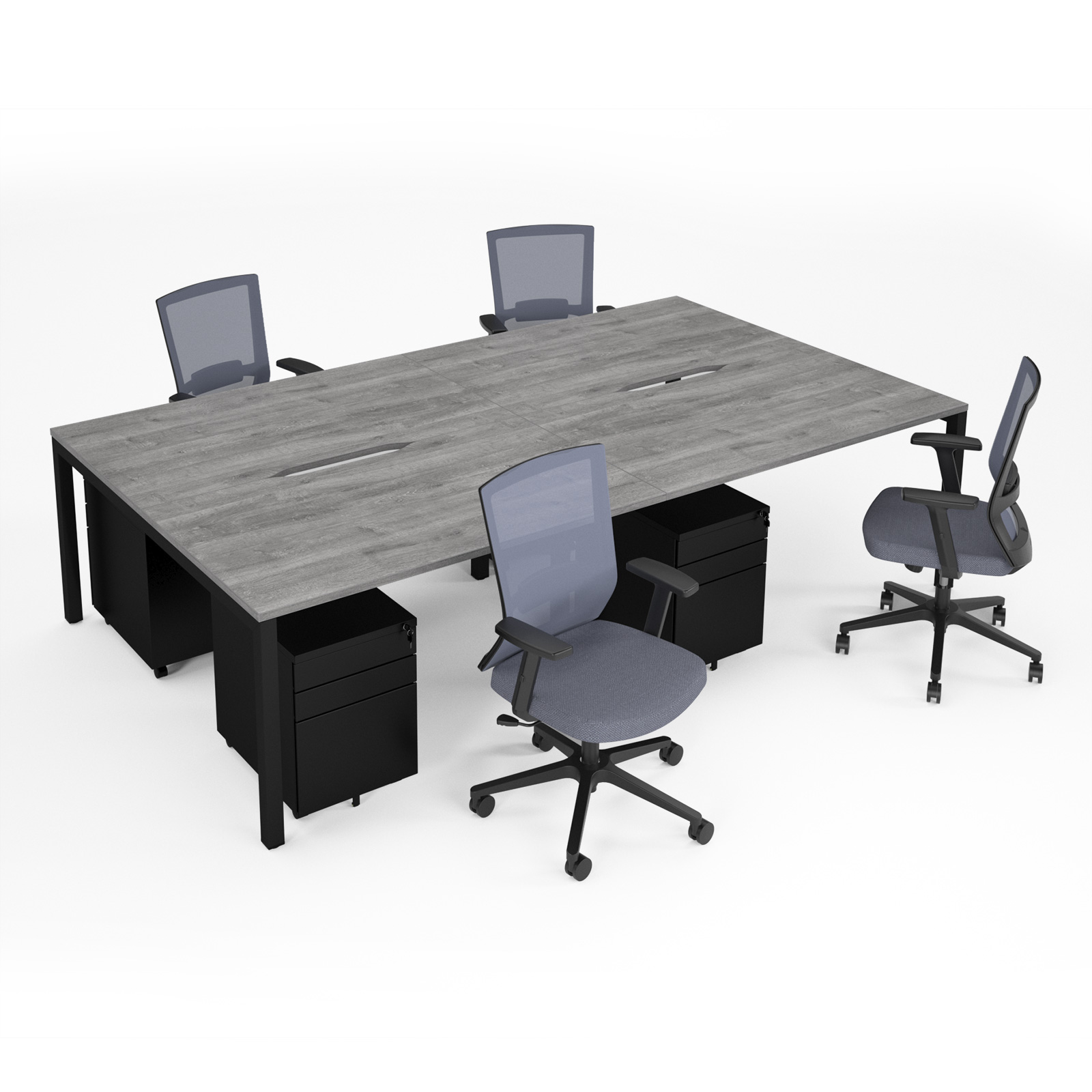Picture of Connex II starter kit for 4 people, comprising of Grey Oak desk, black frame, black metal pedestal and Travis mesh chairs in black