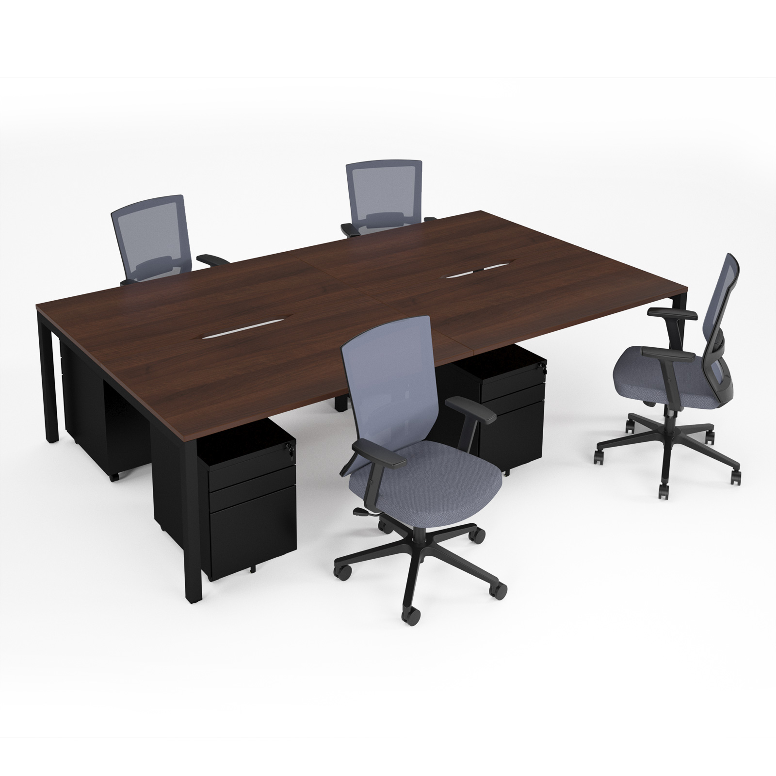 Picture of Connex II starter kit for 4 people, comprising of Walnut desk, black frame, black metal pedestal and Travis mesh chairs in black
