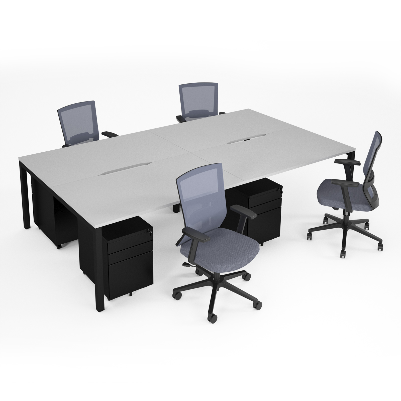 Picture of Connex II starter kit for 4 people, comprising of white desk, black frame, black metal pedestal and Travis mesh chairs in black
