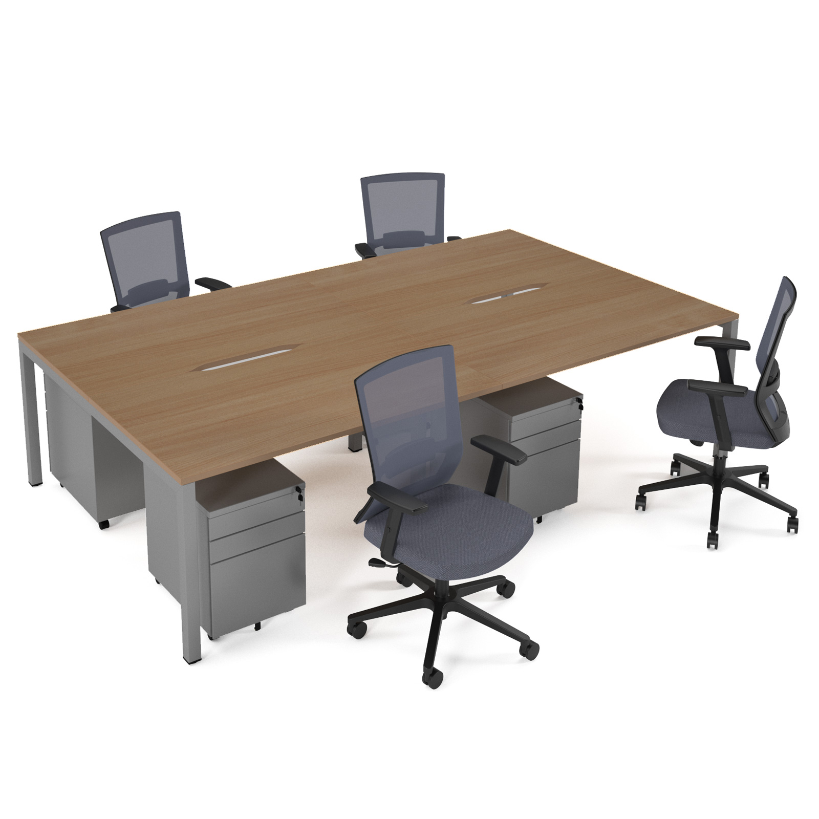 Picture of Connex II starter kit for 4 people, comprising of Beech desk, silver frame , silver metal pedestal and Travis mesh chairs in black