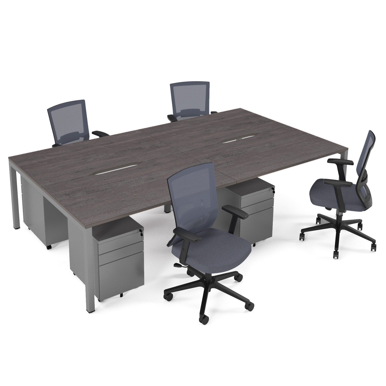 Picture of Connex II starter kit for 4 people, comprising of Grey Oak desk, silver frame, silver metal pedestal and Travis mesh chairs in black