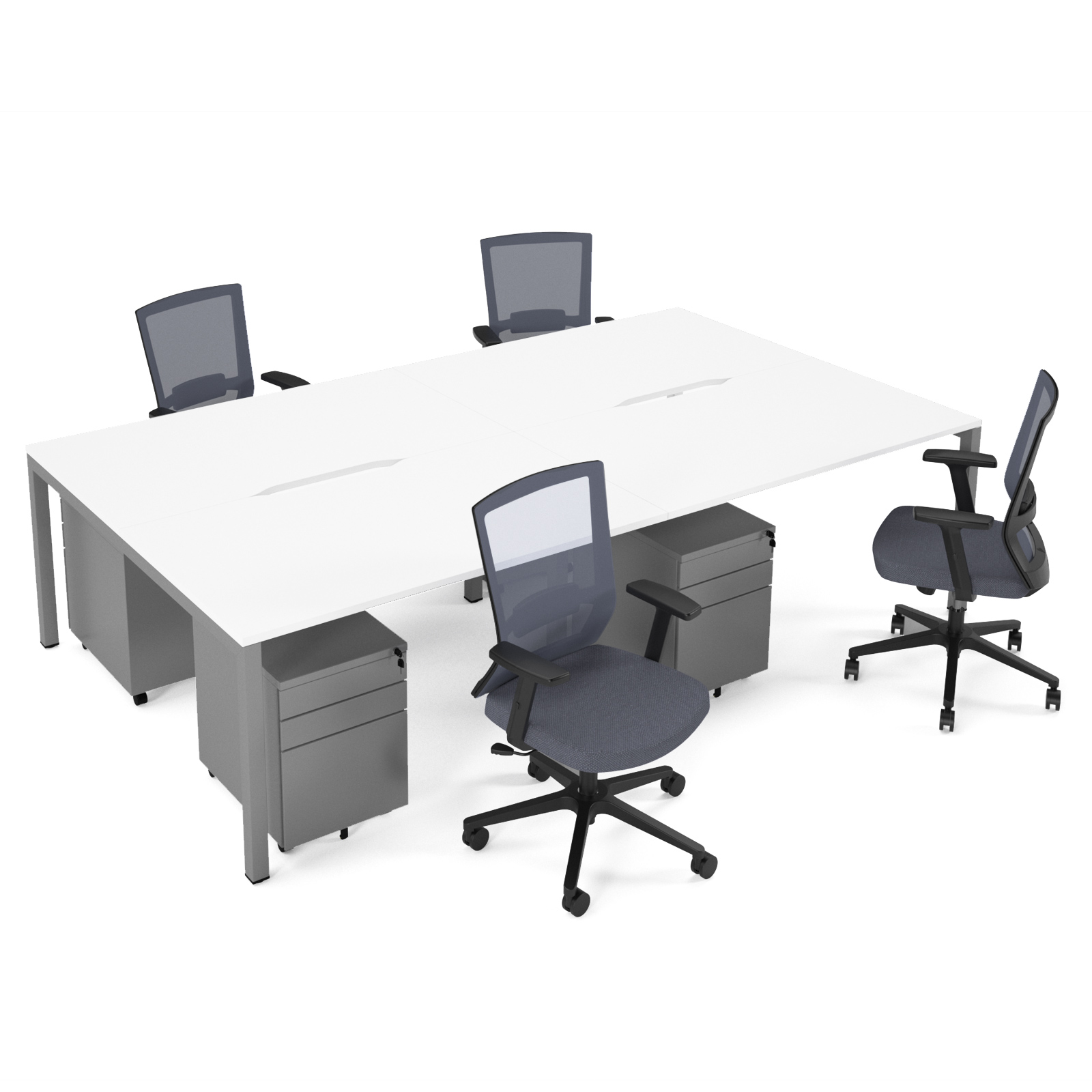 Picture of Connex II starter kit for 4 people, comprising of white desk, silver frame, silver metal pedestal and Travis mesh chairs in black