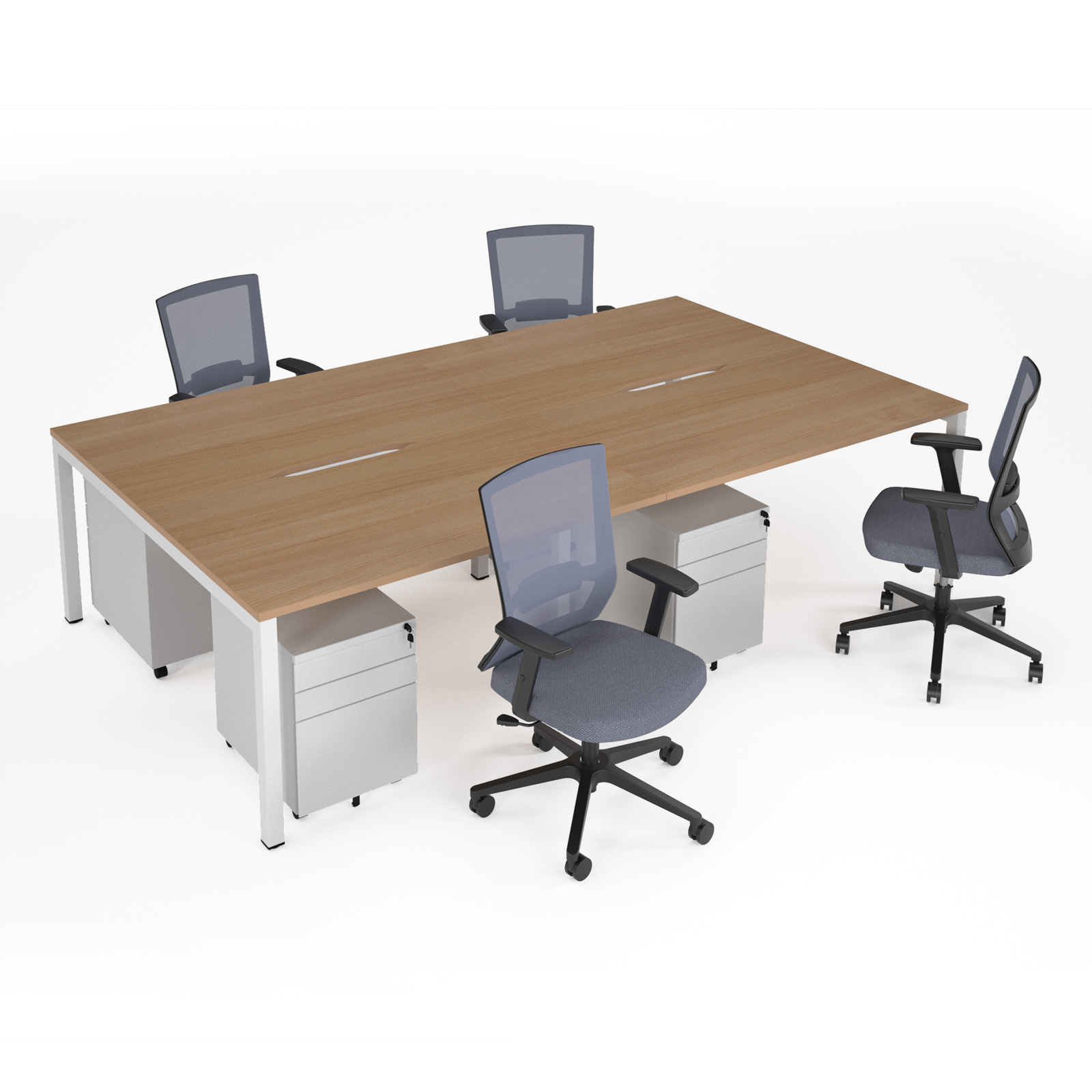 Picture of Connex II starter kit for 4 people, comprising of Beech desk, white frame , white metal pedestal and Travis mesh chairs in black