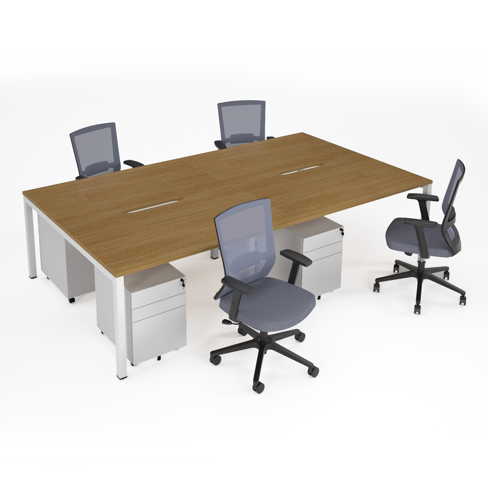 Picture of Connex II starter kit for 4 people, comprising of oak desk, white frame, white metal pedestal and Travis mesh chairs in black