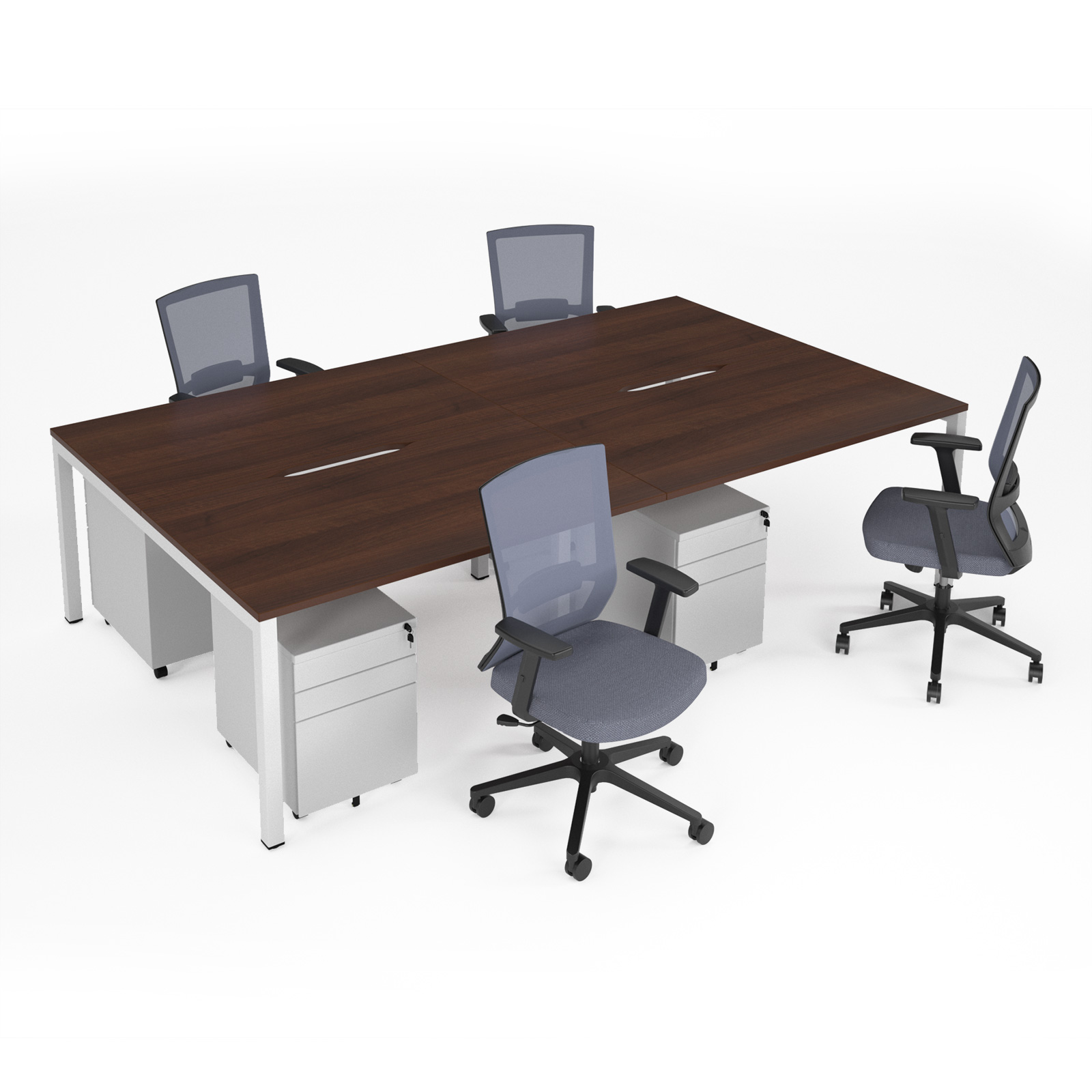 Picture of Connex II starter kit for 4 people, comprising of Walnut desk, white frame, white metal pedestal and Travis mesh chairs in black