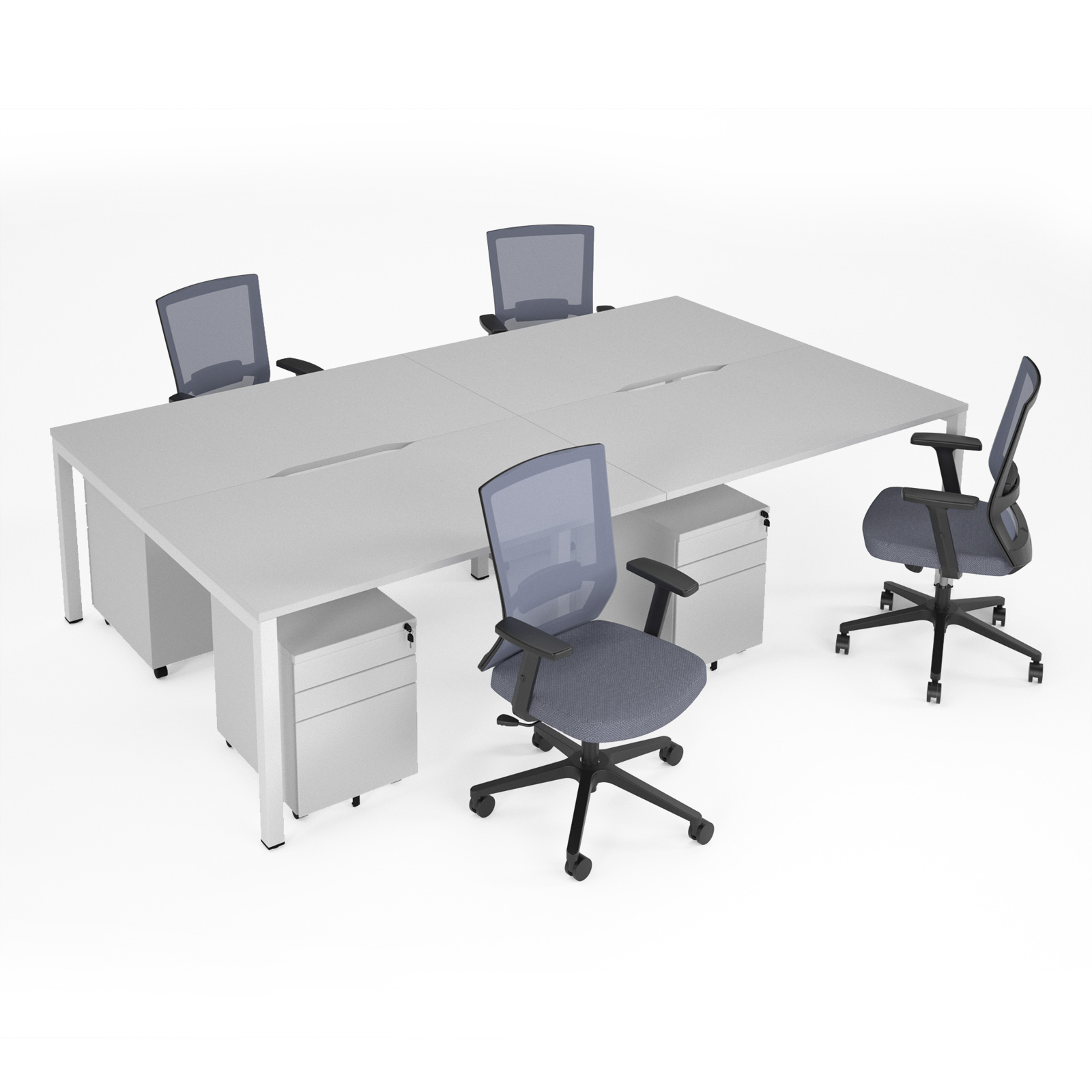 Picture of Connex II starter kit for 4 people, comprising of white desk, white frame, white metal pedestal and Travis mesh chairs in black